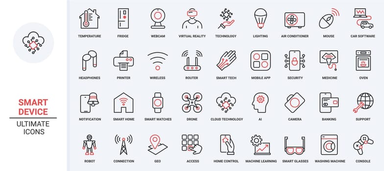 Vector illustration red black thin line icons set smart home technology, mobile app symbols control service of house system, surveillance security conditioning, status of remote lock access