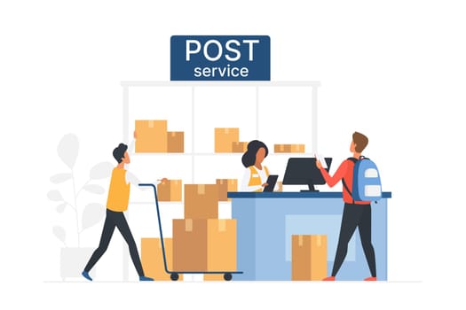 Service in post office vector illustration. Cartoon customer standing at counter with operator to send or receive parcel or correspondence, postal worker pushing trolley with boxes from warehouse