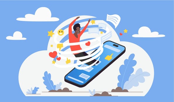 Danger of social media addiction vector illustration. Cartoon tiny man addict spinning in endless tornado of news, followers and likes icons, person with phone dependence falling in hole on screen