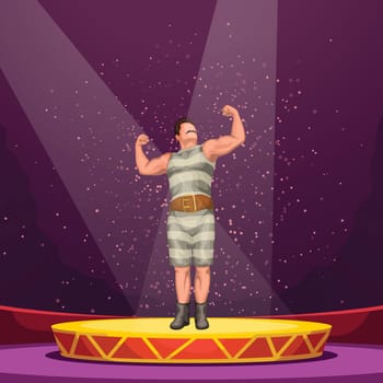 illustration of muscular athlete on circus stage in light on dark background