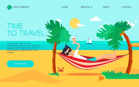 Travel agency website homepage template. Summer vacation, tropical resort. Tourism landing page