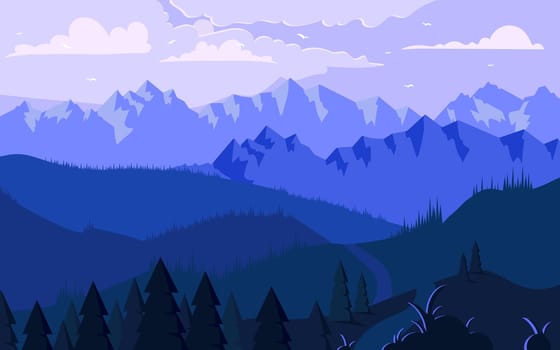Morning in mountains minimalistic illustration. Frosty air over mountain range, foggy valley