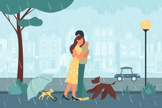 Romantic dating of couple people in rainy weather and storm. Young man and woman hugging, standing on road under rain, dogs playing around vector illustration. Love, Valentines day, season concept