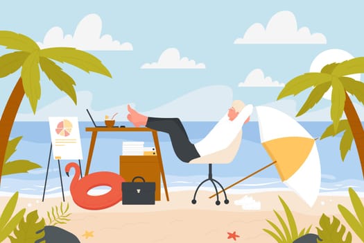 Beach rest satisfied boss or manager vector illustration. Cartoon businessman bare feet on office desk with laptop, cocktail, work papers and business chart presentation, day in paradise background