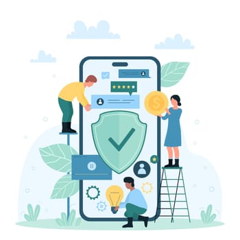 Mobile app safety, cybersecurity vector illustration. Cartoon tiny people protect data privacy and money transaction with safe shield, network elements on screen, antivirus firewall software for phone