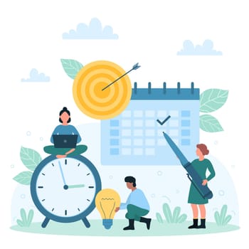 Achievement of business goals, time management success vector illustration. Cartoon tiny people work with laptop, pen and agenda calendar to mark date of important event, planning and sitting on clock
