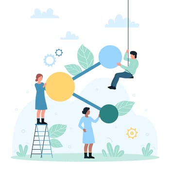 Hub network connection, internet communication technology vector illustration. Cartoon tiny people connect and link abstract digital structure with spheres together, share information in community