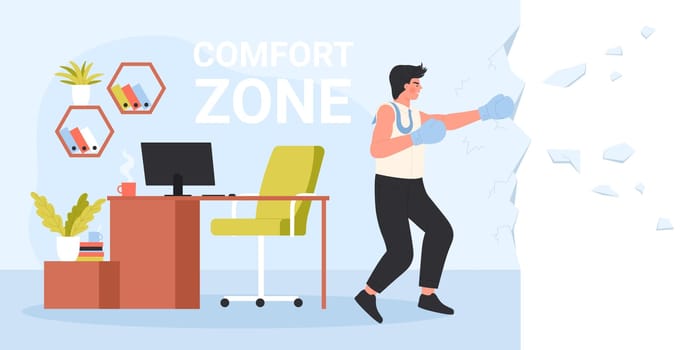 Leaving comfort zone vector illustration. Cartoon businessman in boxing gloves breaking wall to overcome fear of changes, employee running away from work in office to start new life and career
