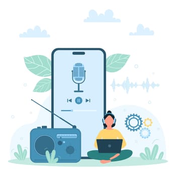 Sound recording with mobile app vector illustration. Cartoon tiny person using smart voice assistant software with microphone button on phone screen to record soundwaves, vocal and voice commands