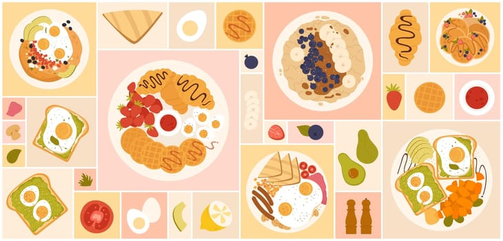 Breakfast meal healthy morning food menu served on plate top view vector illustration set. Cartoon eggs, sausage and bread on plate, porridge and sandwich, avocado, waffles pancakes croissant collage.