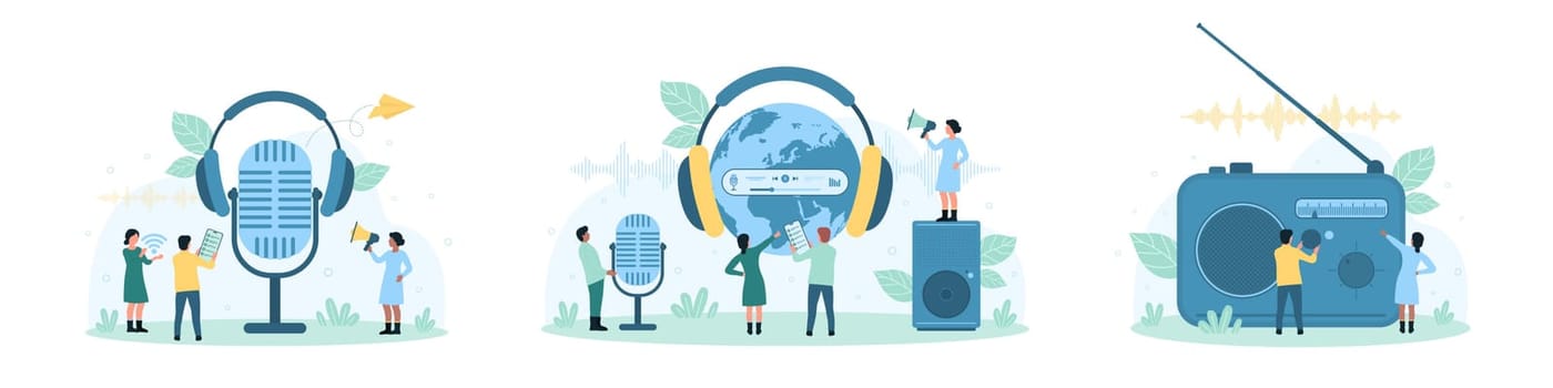 Radio podcasts, broadcast set vector illustration. Cartoon tiny people listen digital music with headphones, record sound with mic, share and download audio files with mobile phone and gadget