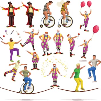 illustration of big colorful funny circus artists set on white background