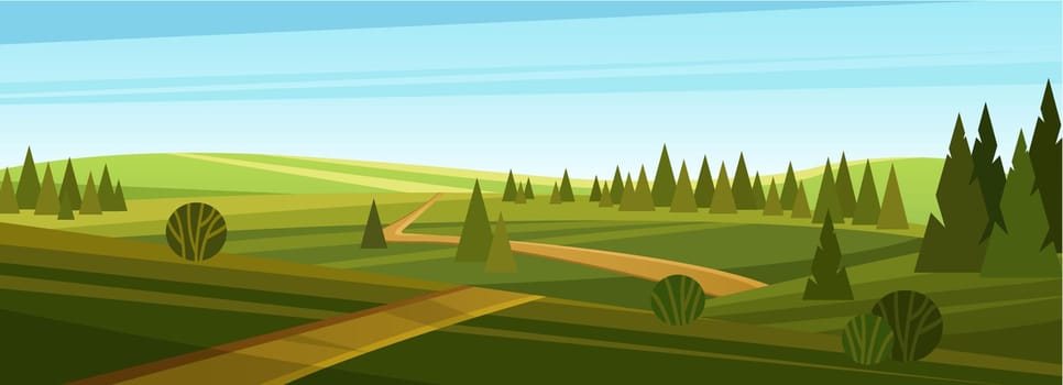 Farm field landscape vector illustration. Cartoon rural grassland scenery, countryside lane road to horizon through green pasture meadows with grass and trees in fields, summer farmland panorama