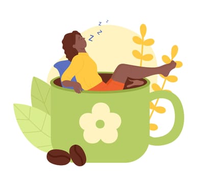 Morning coffee cups with sleepy tired woman vector illustration. Cartoon isolated big mugs with lazy and exhausted female tiny character without energy in need rest and sleep