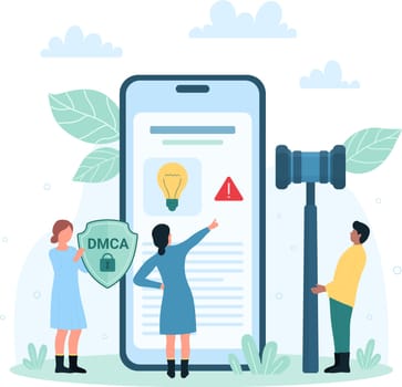 Intellectual property protection vector illustration. Cartoon tiny people holding judges gavel and DMCA shield to protect trademark and light bulb from crime, digital product or idea on phone screen