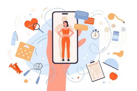 Weight loss with mobile app vector illustration. Cartoon hand holding phone with happy slim girl in sportswear on screen, diet plan with healthy food and vitamin supplements, sport workout in gym