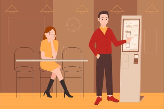 Self service in fast food restaurant or cafe vector illustration. Cartoon couple choose order from menu, man pointing finger on kiosk screen with display and POS terminal, woman sitting at table