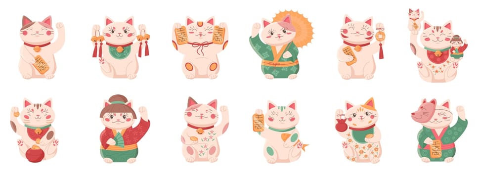 Japanese lucky cats set vector illustration. Cartoon cute Maneki Neko characters from Japan collection, Asian kawaii kitty waving paw, holding toy symbols of fortune, wellbeing and prosperity