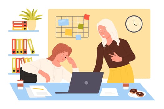 Business conversation of two employees on office meeting vector illustration. Cartoon female workers share ideas and projects at workplace, woman sitting at desk with laptop and talking with colleague