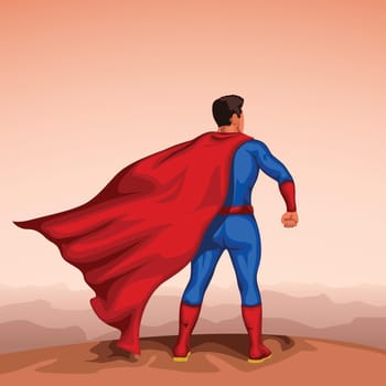 illustration of super hero in heroic pose at sunset with red cape view from back