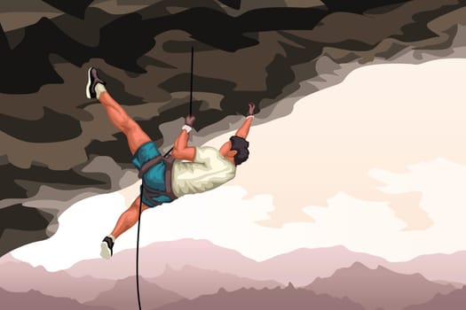illustration of man climbing on top of cave on bright lanscape