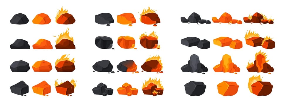 Coal burning sequence set vector illustration. Cartoon isolated hot pile of charcoal rocks and flaming lumps burn in barbecue grill, bonfire or oven, black and glowing pieces for energy production