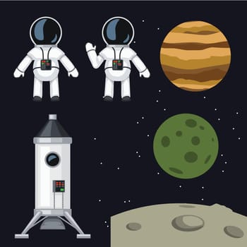 illustration of cartoon space program set with astronauts planets and other