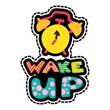 Wake up dash line sticker. Morning flat patch. Stitched frame alarm clock with lettering drawing