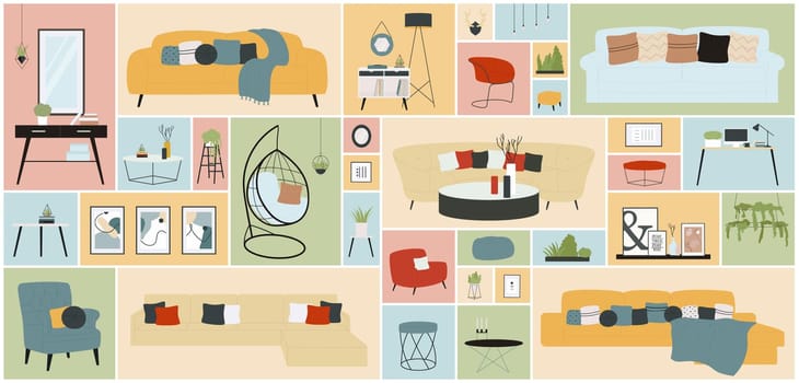 Cartoon living room decor collection with sofa and chair, modern couch with pillow and mirror, plants in square collage background. Furniture set for home apartment or office vector illustration