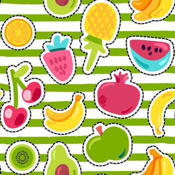 Fresh Summer Juicy Fruit Painted Seamless Pattern. Fun Kid Style Wallpaper with Striped Background. Colorful Berry, Citruc Icon Print. Repeat Art Backdrop. Flat Cartoon Vector Illustration