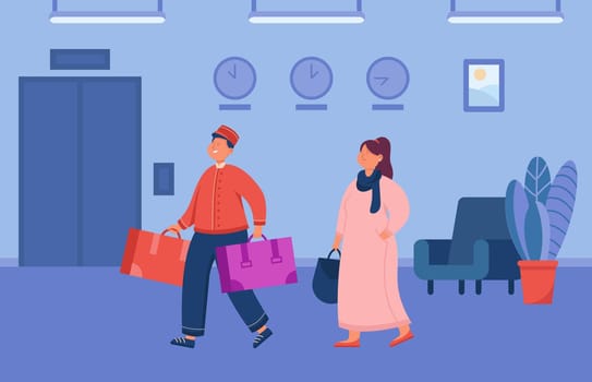 Cartoon bell boy helping female guest carry luggage. Hotel servant and woman in lobby flat vector illustration. Traveling, hospitality service concept for banner, website design or landing web page