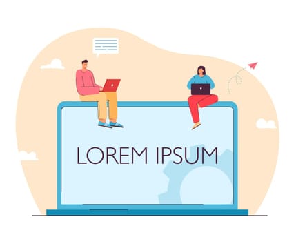 Tiny characters sitting on laptop with lorem ipsum title. Designers choosing print flat vector illustration. Design template, typographic print concept for banner, website design or landing web page