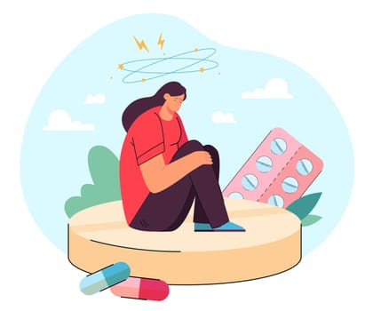 Tiny, depressed woman with anxiety sitting on large pill surrounded by drugs. Antidepressant addict girl flat vector illustration. Hormonal mood, depression, placebo, health problem concept