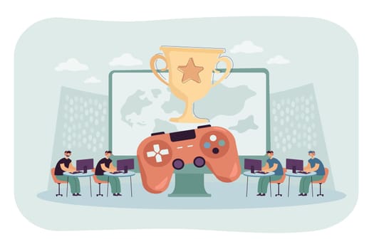 Two teams on sides playing virtual computer games with large screen, console and cup between them. Esports championship flat vector illustration. Entertainment, online competition, team work concept 