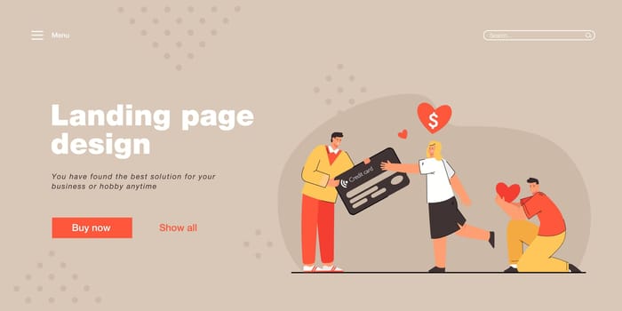 Woman choosing money instead of love.  Loving man unhappy. Credit card, heart, wealth flat vector illustration. Relationship and happiness concept for banner, website design or landing web page