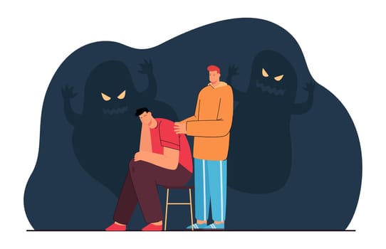 Friend comforting man  with anxiety or fear. Character suffering from nightmares, scary shadows flat vector illustration. Mental health, empathy concept for banner, website design or landing web page