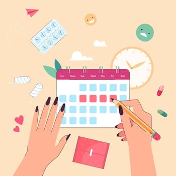 Hands of woman with calendar of menstrual period. Girl marking with pencil dates of menses monthly flat vector illustration. Daily female hygiene and control of menstrual cycle, gynecology concept