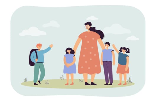 Mother with preschool children and schoolboy standing together. Boy going to school for first time flat vector illustration. Elementary school concept for banner, website design or landing web page