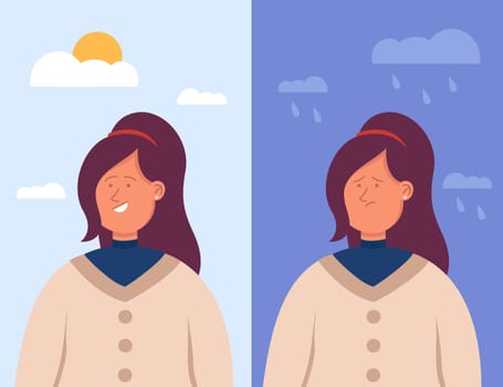 Split portrait of Hispanic woman in depression and in good mood. Bipolar disorder, happy smiling and sad face flat vector illustration. Mood and weather changes concept