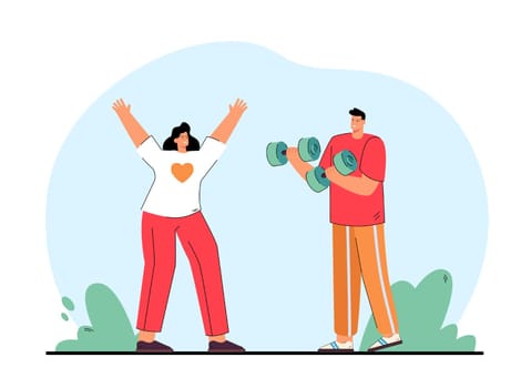 Young athletic couple training outdoors. Man and woman having sport activity flat vector illustration. Healthy lifestyle, exercising, leisure time concept for banner, website design, landing web page