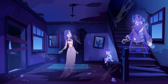 Abandoned house hall with ghosts walking in darkness. Scary corridor with doors, stairs and window. Old interior with moonlight falling on floor, halloween spooky scene. Cartoon vector illustration