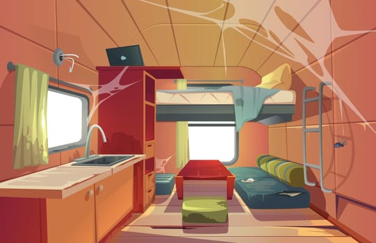 Abandoned camping trailer car interior with loft bed, ragged couch, kitchen sink, desk with laptop, bookshelf and window covered with spider web. Neglected Rv motor home. Cartoon vector illustration