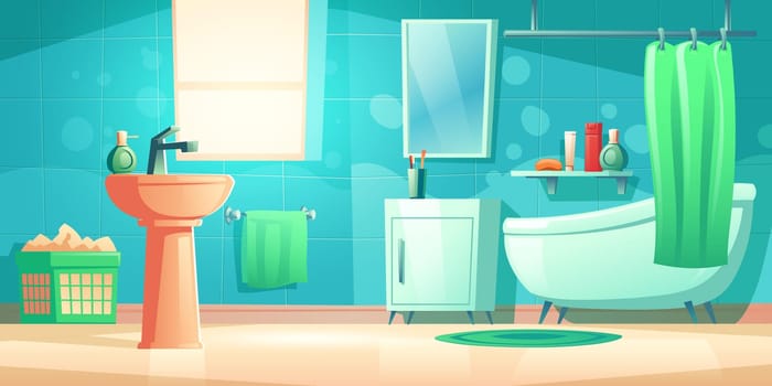 Bathroom interior with bath, shower curtain, sink, mirror and window. Vector cartoon washroom with tile wall, towel, closet, soap and cosmetic bottles on shelf
