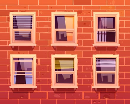 Brick wall and windows with white frame. Residential or office building facade. Vector cartoon illustration of house front with open and closed glass windows with curtains and blind inside