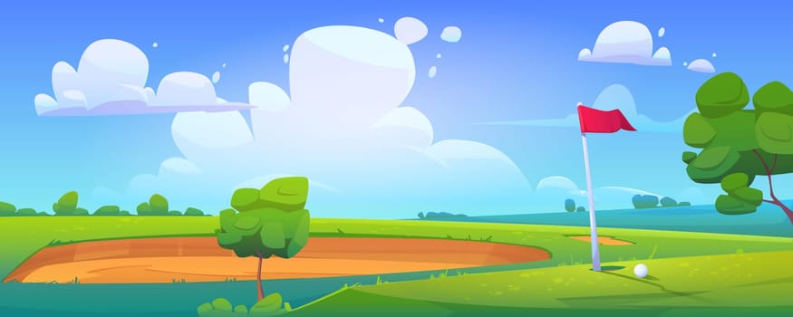 Golf course on nature landscape with ball lying on green grass near pole flag, sand bunker and trees around under blue cloudy sky. Tranquil recreational place background. Cartoon vector illustration