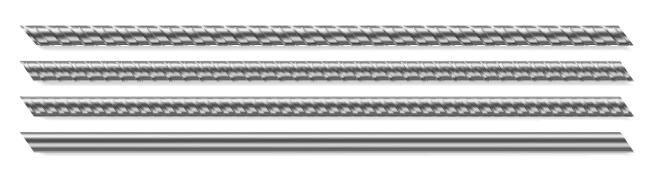 Metal rod, steel reinforced rebar. Vector realistic set of construction armature, smooth and deformed iron bars for buiding, cage, rack or prison grate. Stainless fittings isolated on white background