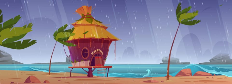 Storm on beach with hut or bungalow under rain, summer shack on tropical island seaside with ragging ocean waves and palm tree swing in the wind. Tropical shower landscape, Cartoon vector illustration