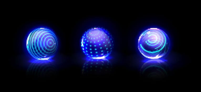 Force shield bubbles, energy glowing blue balls, spheres, defense fields. Science fiction glowing deflector elements, firewall absolute protection isolated on black background, Realistic 3d vector set