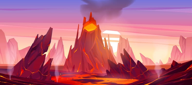 Volcanic eruption illustration. Volcano erupts with hot lava, fire and clouds of smoke, ash and gases. Vector cartoon landscape with rocks, mountain with crater and flow magma at sunset