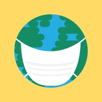Earth planet in face mask vector metaphor flat cartoon icon logo web sign. COVID-19 corona virus global pandemic outbreak, worldwide quarantine isolation concept, flu viral respiratory spread problem